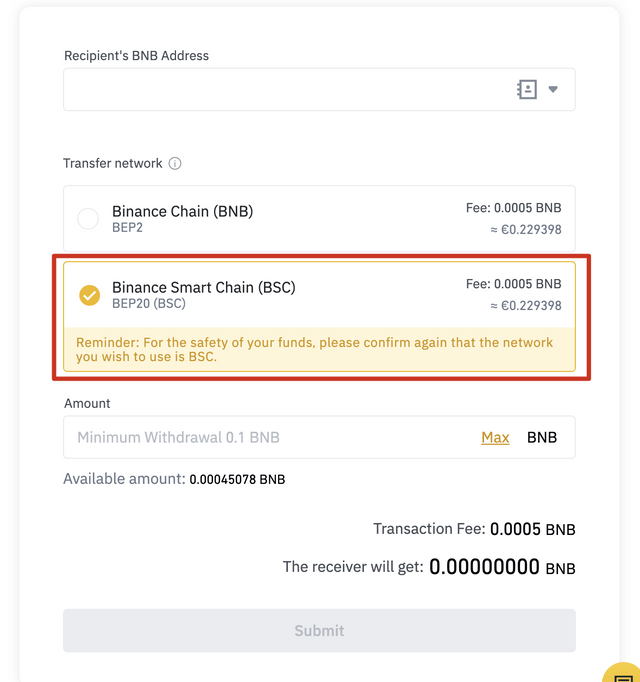 واریز BNB اسمارت چین به کیف پول تراست ولت