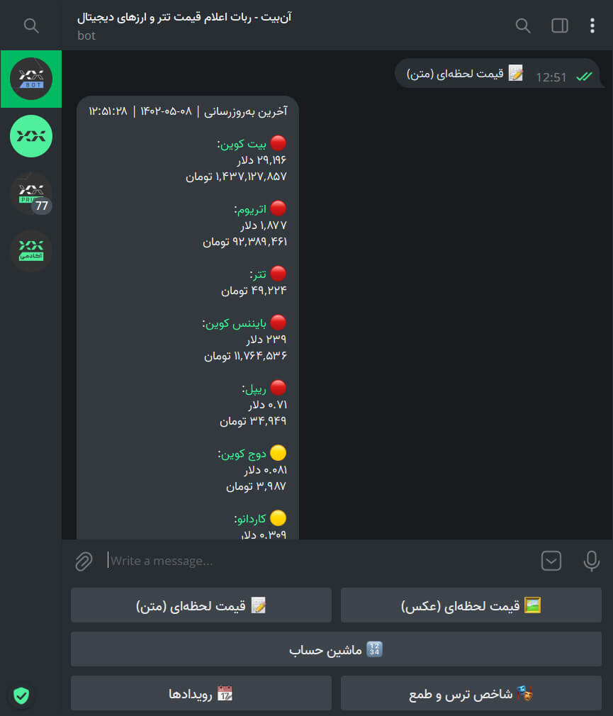 قیمت لحظه ای متنی - ربات آن بیت - بیت پین