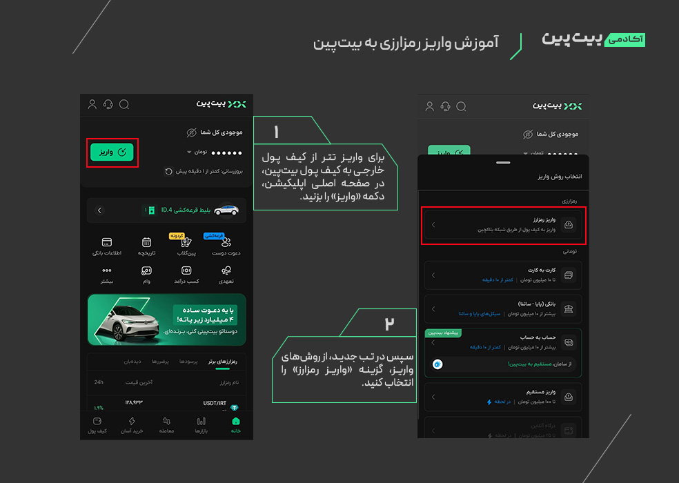 آموزش واریز رمزارزی به بیت پین برای تبدیل تتر به تومان