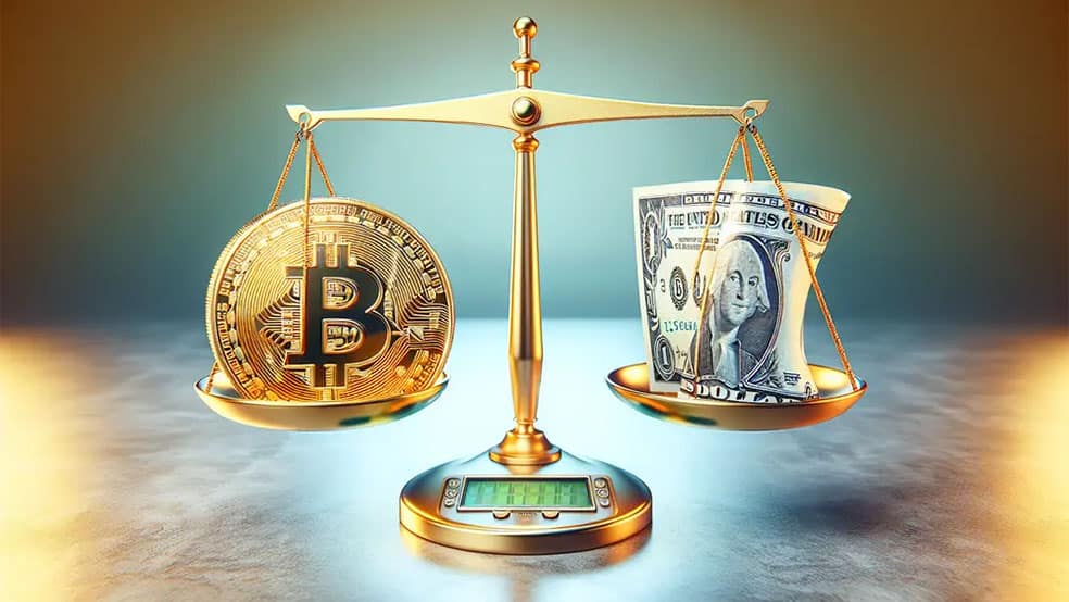 ترازویی که بیت کوین در یک سمت آن و دلار در سمت دیگرش قرار دارد