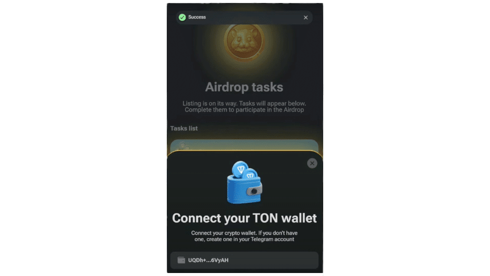 پیام موفقیت اتصال کیف پول به همستر کامبات