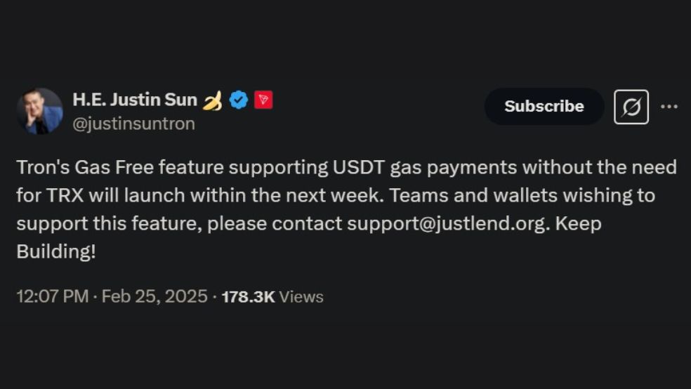 justin sun ترون قابلیت تراکنش‌های بدون کارمزد را برای تتر (USDT) معرفی می‌کند