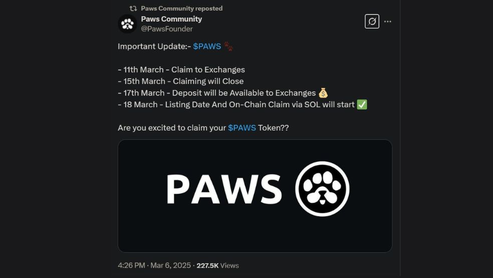 paws tweet تاریخ عرضه و جزئیات پیش‌فروش توکن پاوز (PAWS) اعلام شد
