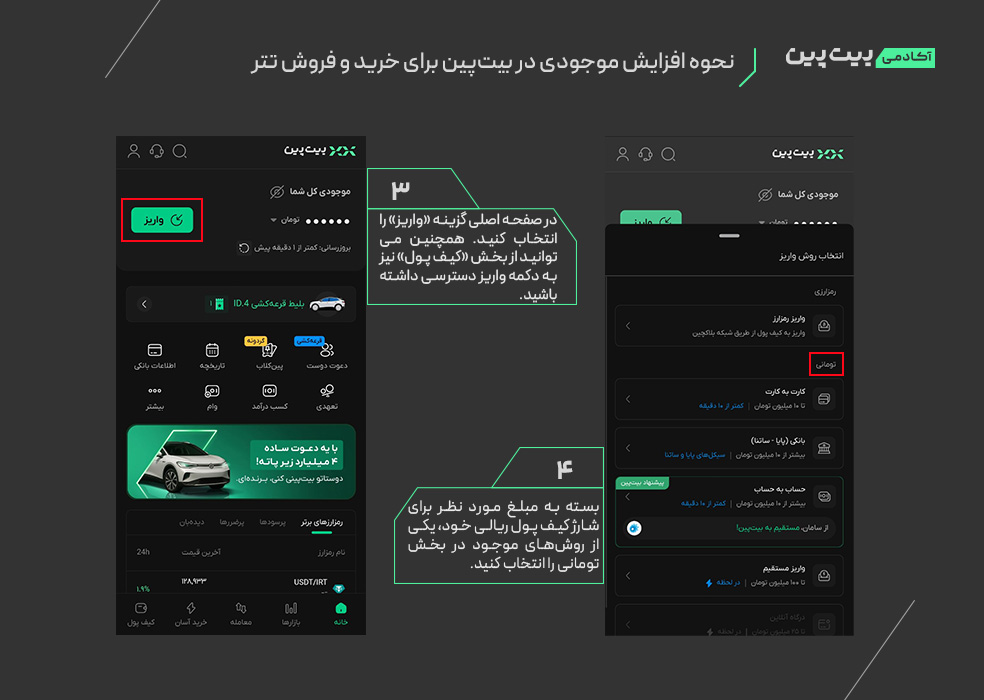 نحوه افزایش موجودی در بیت‌پین برای خرید و فروش تتر