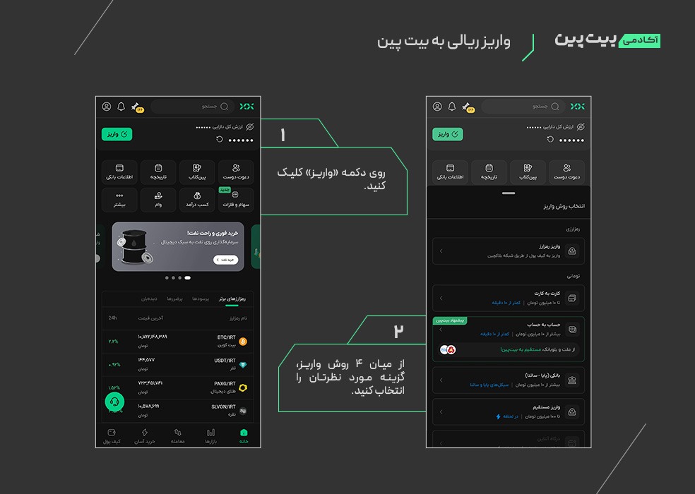 2 screenshots آموزش خرید و فروش توکن نفت در بیت پین